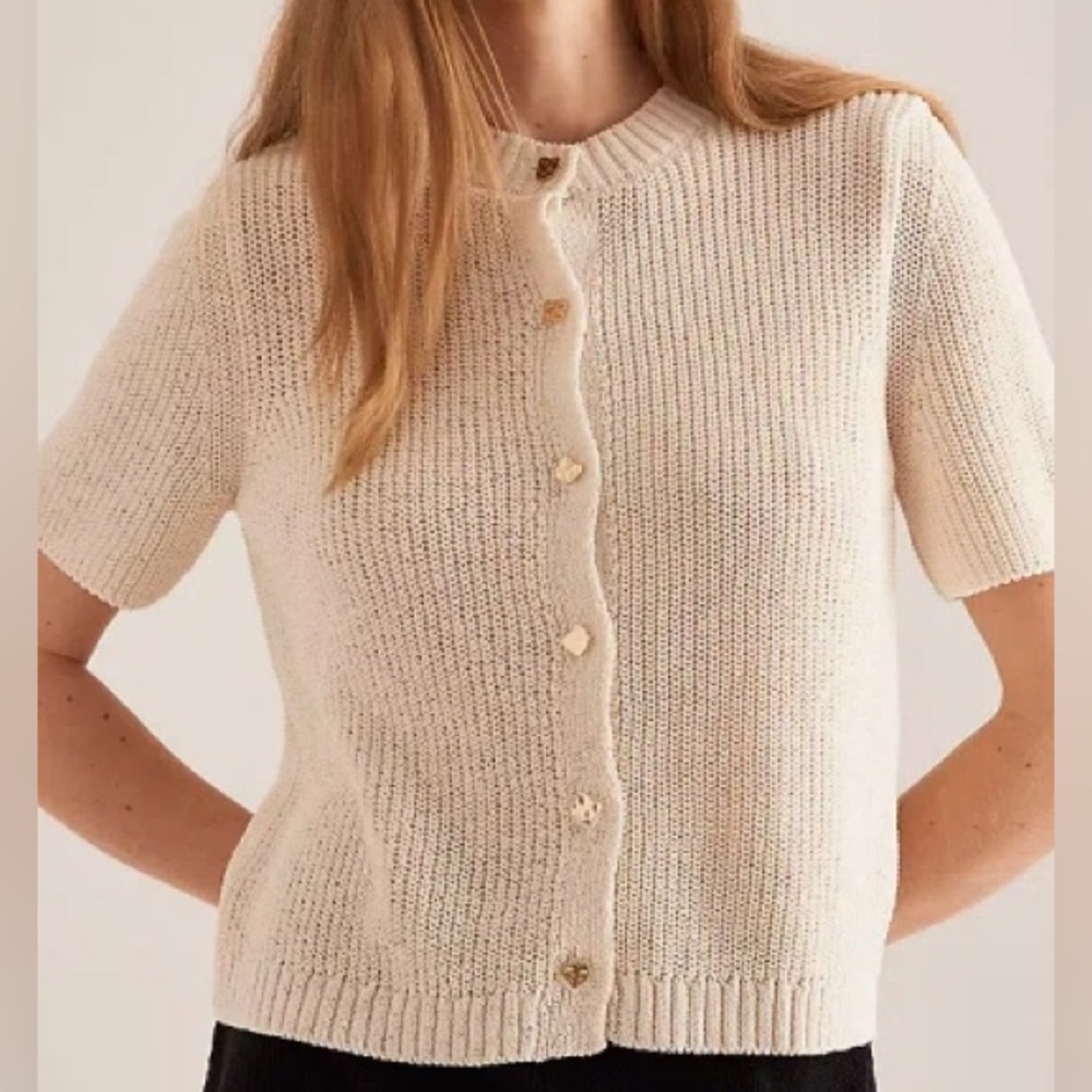 Anthropologie Maeve Short-Sleeve Button-Front Cardigan-Ivory-Large-NWT - Picture 2 of 7